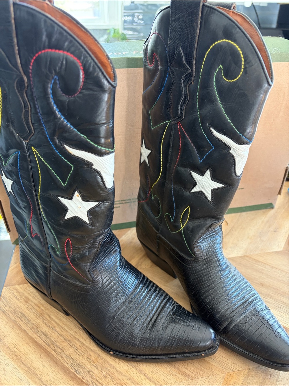 Black Western Cowboy Boots with Multicolor Stitching and White Star Accents
